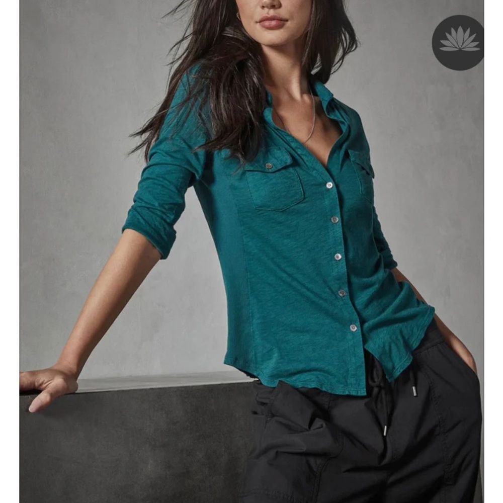 James Perse Deep Teal Slub Side Panel Button-Down Shirt